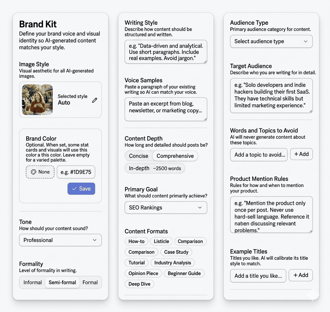 Brand kit configuration showing voice, tone, and style settings