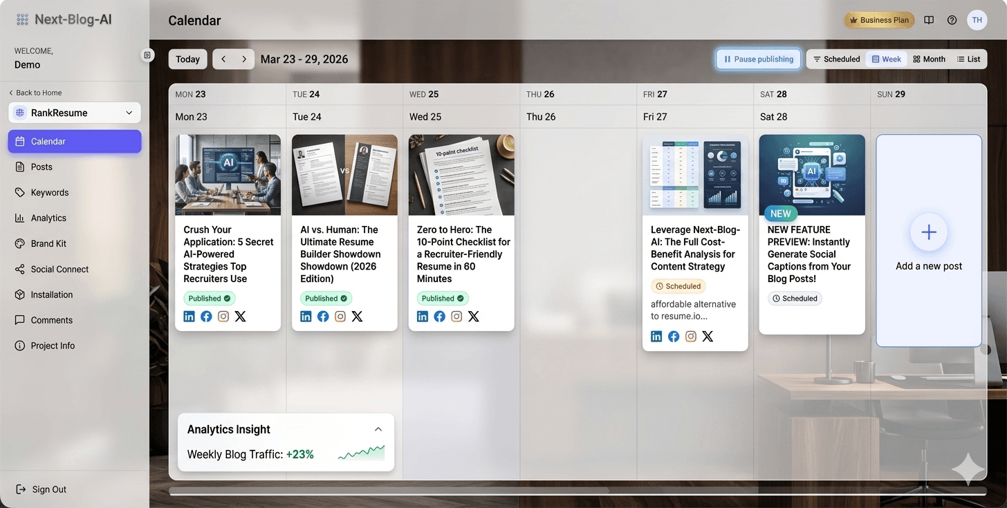 Content management dashboard showing scheduled posts and calendar